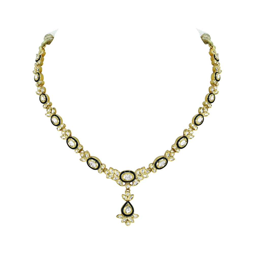 Polki Necklace with Black Meena Oval Motif